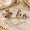 Oro Laminado Stud Earring, Gold Filled Style Heart Design, with Ruby and White Micro Pave, Polished, Golden Finish, 02.94.0092