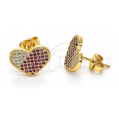 Oro Laminado Stud Earring, Gold Filled Style Heart Design, with Ruby and White Micro Pave, Polished, Golden Finish, 02.94.0092