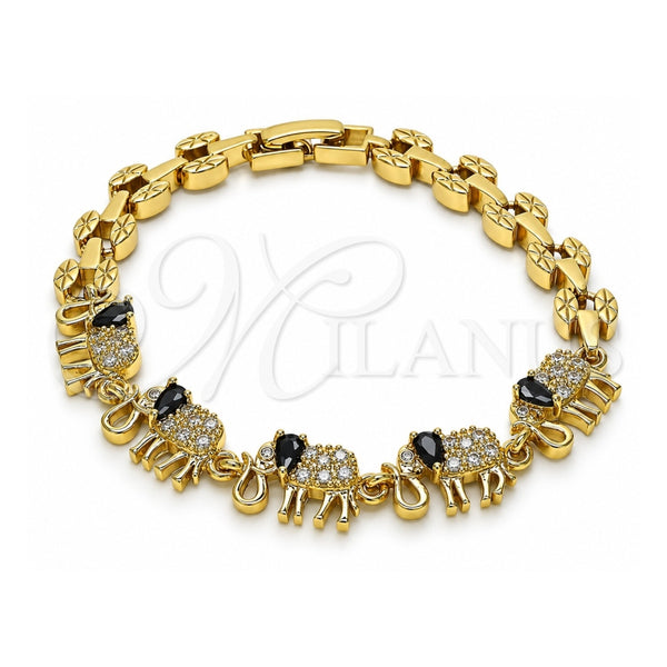 Oro Laminado Fancy Bracelet, Gold Filled Style Elephant Design, with Black and White Cubic Zirconia, Polished, Golden Finish, 03.210.0067.4.08 (07 MM Thickness, 8 Inches Length)