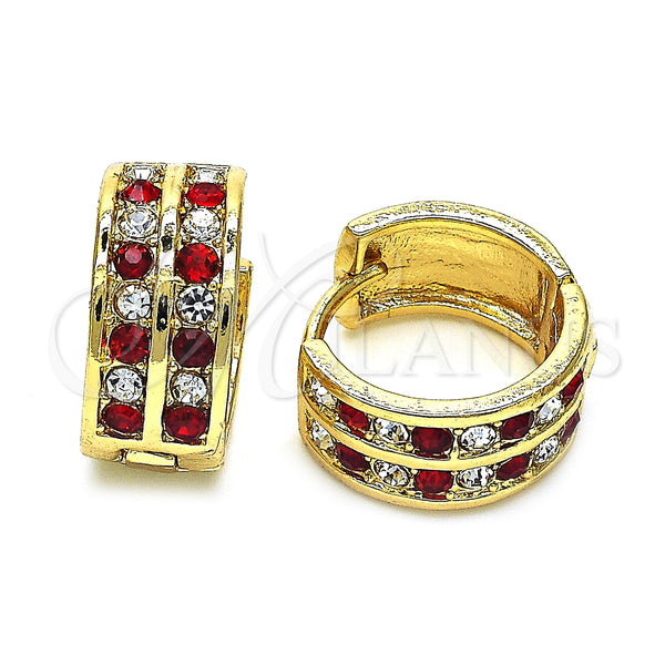 Gold Filled Hoop Earrings — Huggie Hoop with Garnet and White Crystal Polished — main product view — SKU 128352 | Oro Laminado aretes de aro — Huggie Hoop with Garnet and cristal blanco pulido — SKU 128352