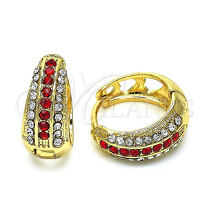 Gold Filled Hoop Earrings — Huggie Hoop with Garnet and White Crystal Polished — main product view — SKU 128360 | Oro Laminado aretes de aro — Huggie Hoop with Garnet and cristal blanco pulido — SKU 128360