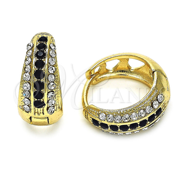 Gold Filled Hoop Earrings — Huggie Hoop with Black and White Crystal Polished — main product view — SKU 128361 | Oro Laminado aretes de aro — Huggie Hoop with negro and cristal blanco pulido — SKU 128361