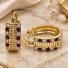 Oro Laminado Small Hoop, Gold Filled Style Greek Key Design, with Garnet and White Crystal, Polished, Golden Finish, 02.94.0105.1.15