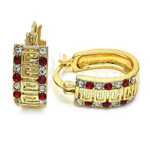 Gold Filled Hoop Earrings — Small Hoop Greek Key Design with Garnet and — main product view — SKU 128368 | Oro Laminado aretes de aro — Small Hoop Greek Key diseño with Garnet and — SKU 128368