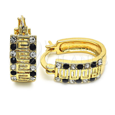 Oro Laminado Small Hoop, Gold Filled Style Greek Key Design, with Black and White Crystal, Polished, Golden Finish, 02.94.0105.2.15