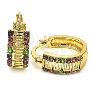 Gold Filled Hoop Earrings — Small Hoop Greek Key Design with Multicolor Crystal — main product view — SKU 128370 | Oro Laminado aretes de aro — Small Hoop Greek Key diseño with Multicolor cristal — SKU 128370