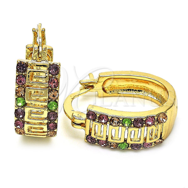 Gold Filled Hoop Earrings — Small Hoop Greek Key Design with Multicolor Crystal — main product view — SKU 128370 | Oro Laminado aretes de aro — Small Hoop Greek Key diseño with Multicolor cristal — SKU 128370