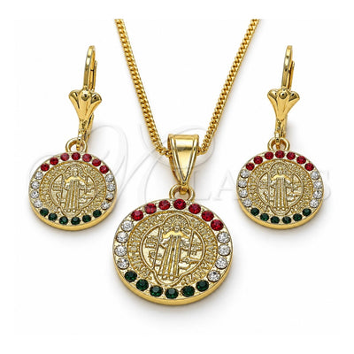 Oro Laminado Earring and Pendant Adult Set, Gold Filled Style San Benito Design, with Multicolor Crystal, Polished, Golden Finish, 10.351.0002
