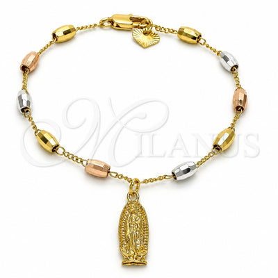 Oro Laminado Bracelet Rosary, Gold Filled Style Guadalupe Design, Polished, Tricolor, 03.351.0021.08