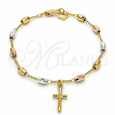 Oro Laminado Bracelet Rosary, Gold Filled Style Crucifix Design, Polished, Tricolor, 03.351.0022.08