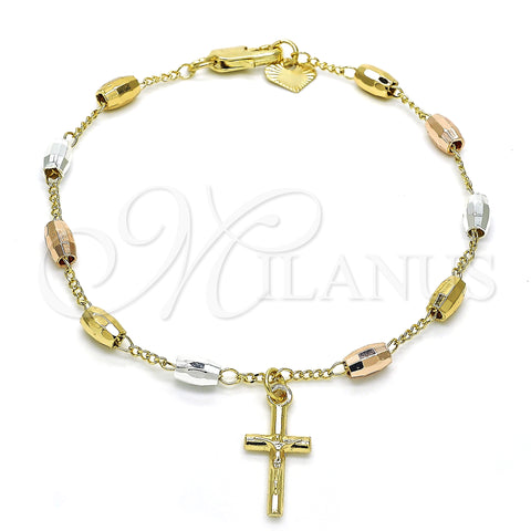 Oro Laminado Bracelet Rosary, Gold Filled Style Crucifix Design, Polished, Tricolor, 03.351.0022.08