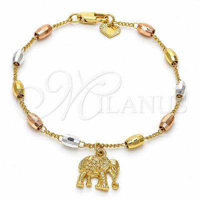 Oro Laminado Bracelet Rosary, Gold Filled Style Elephant Design, Polished, Tricolor, 03.351.0023.08
