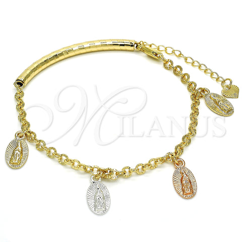 Oro Laminado Charm Bracelet, Gold Filled Style Guadalupe Design, Polished, Tricolor, 03.351.0024.08 (04 MM Thickness, 8 Inches Length)