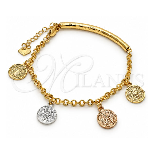 Oro Laminado Charm Bracelet, Gold Filled Style San Benito Design, Diamond Cutting Finish, Tricolor, 03.351.0025.07 (04 MM Thickness, 7 Inches Length)