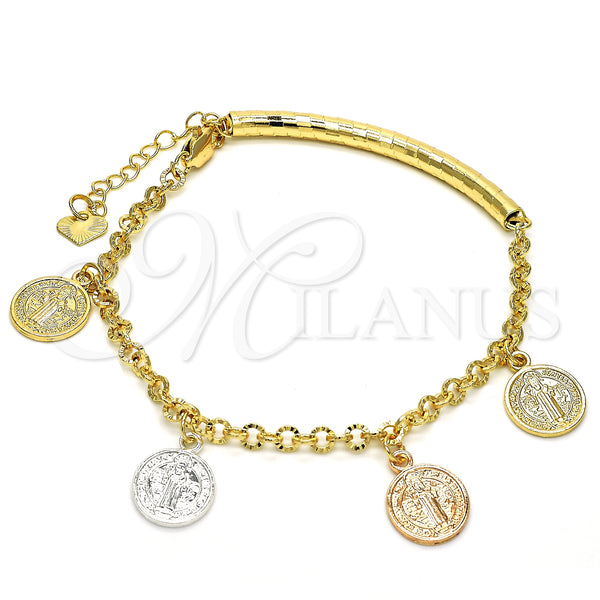 Oro Laminado Charm Bracelet, Gold Filled Style San Benito Design, Diamond Cutting Finish, Tricolor, 03.351.0025.07 (04 MM Thickness, 7 Inches Length)