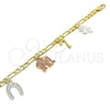 Oro Laminado Charm Bracelet, Gold Filled Style Owl and Elephant Design, Polished, Tricolor, 03.351.0027.07 (04 MM Thickness, 7 Inches Length)