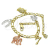 Oro Laminado Charm Bracelet, Gold Filled Style Owl and Elephant Design, Polished, Tricolor, 03.351.0027.07 (04 MM Thickness, 7 Inches Length)