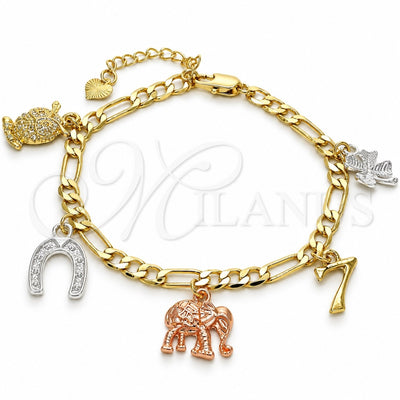 Oro Laminado Charm Bracelet, Gold Filled Style Owl and Elephant Design, Polished, Tricolor, 03.351.0027.07 (04 MM Thickness, 7 Inches Length)