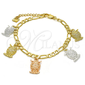 Gold Filled Bracelet — Charm Bracelet Owl Design Polished Tricolor 03. 05 — main product view — SKU 128392 | Oro Laminado brazalete — Charm Bracelet Owl diseño pulido Tricolor 03. 05 — SKU 128392