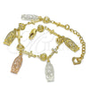 Oro Laminado Fancy Bracelet, Gold Filled Style Guadalupe and Cross Design, Polished, Tricolor, 03.351.0030.07 (07 MM Thickness, 7 Inches Length)