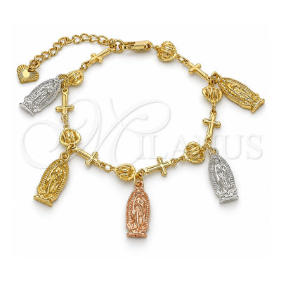 Oro Laminado Fancy Bracelet, Gold Filled Style Guadalupe and Cross Design, Polished, Tricolor, 03.351.0030.07 (07 MM Thickness, 7 Inches Length)