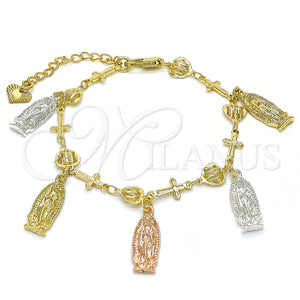 Gold Filled Bracelet — Fancy Bracelet Guadalupe and Cross Design Polished Tricolor — main product view — SKU 128394 | Oro Laminado brazalete — elegante Bracelet Guadalupe and cruz diseño pulido Tricolor — SKU 128394