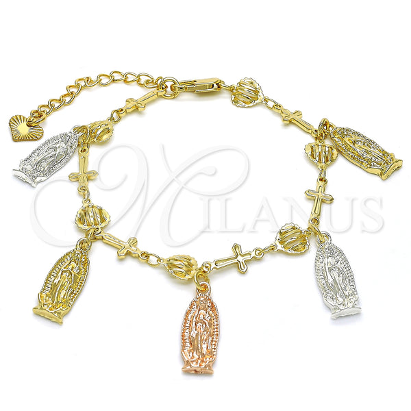 Gold Filled Bracelet — Fancy Bracelet Guadalupe and Cross Design Polished Tricolor — main product view — SKU 128394 | Oro Laminado brazalete — elegante Bracelet Guadalupe and cruz diseño pulido Tricolor — SKU 128394