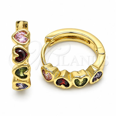 Oro Laminado Huggie Hoop, Gold Filled Style Heart Design, with Multicolor Cubic Zirconia, Polished, Golden Finish, 02.237.0029.15