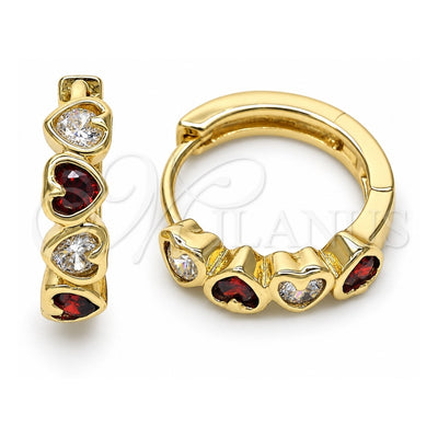 Oro Laminado Huggie Hoop, Gold Filled Style Heart Design, with Garnet and White Cubic Zirconia, Polished, Golden Finish, 02.237.0029.2.15