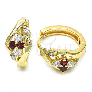 Gold Filled Hoop Earrings — Huggie Hoop with Garnet and White Cubic Zirconia — main product view — SKU 128409 | Oro Laminado aretes de aro — Huggie Hoop with Garnet and blanco Cubic Zirconia — SKU 128409