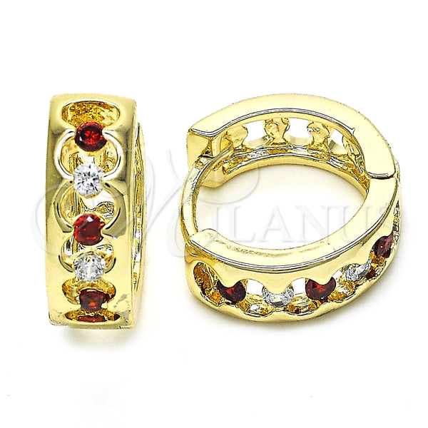 Gold Filled Hoop Earrings — Huggie Hoop with Garnet and White Cubic Zirconia — main product view — SKU 128412 | Oro Laminado aretes de aro — Huggie Hoop with Garnet and blanco Cubic Zirconia — SKU 128412