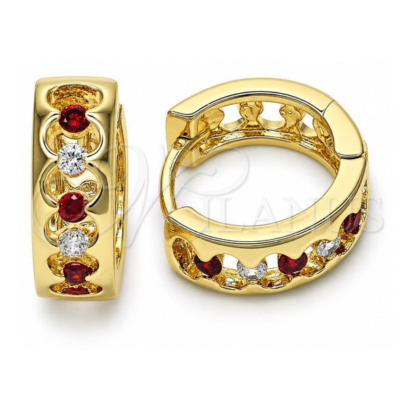 Oro Laminado Huggie Hoop, Gold Filled Style with Garnet and White Cubic Zirconia, Polished, Golden Finish, 02.237.0031.15