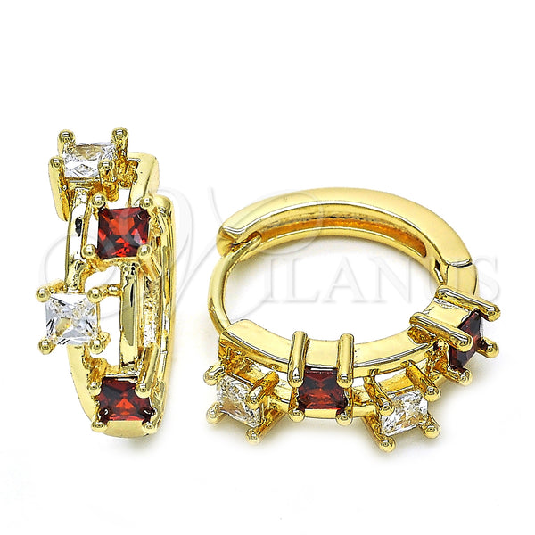 Gold Filled Hoop Earrings — Huggie Hoop with Garnet and White Cubic Zirconia — main product view — SKU 128415 | Oro Laminado aretes de aro — Huggie Hoop with Garnet and blanco Cubic Zirconia — SKU 128415