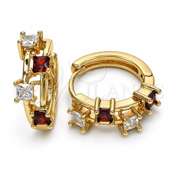 Oro Laminado Huggie Hoop, Gold Filled Style with Garnet and White Cubic Zirconia, Polished, Golden Finish, 02.237.0032.15
