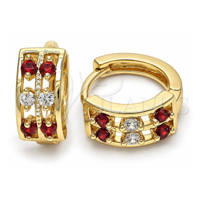 Oro Laminado Huggie Hoop, Gold Filled Style with Garnet and White Cubic Zirconia, Polished, Golden Finish, 02.237.0033.15