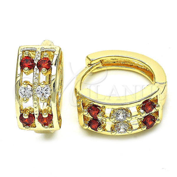 Gold Filled Hoop Earrings — Huggie Hoop with Garnet and White Cubic Zirconia — main product view — SKU 128418 | Oro Laminado aretes de aro — Huggie Hoop with Garnet and blanco Cubic Zirconia — SKU 128418
