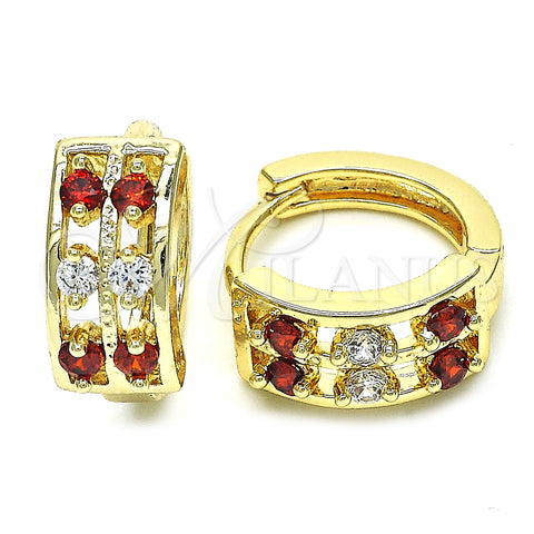 Oro Laminado Huggie Hoop, Gold Filled Style with Garnet and White Cubic Zirconia, Polished, Golden Finish, 02.237.0033.15