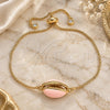 Oro Laminado Adjustable Bolo Bracelet, Gold Filled Style with White Cubic Zirconia, Pink Enamel Finish, Golden Finish, 03.207.0098.1.10 (01 MM Thickness, 10 Inches Length)