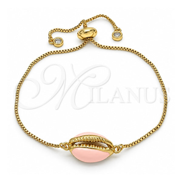 Oro Laminado Adjustable Bolo Bracelet, Gold Filled Style with White Cubic Zirconia, Pink Enamel Finish, Golden Finish, 03.207.0098.1.10 (01 MM Thickness, 10 Inches Length)