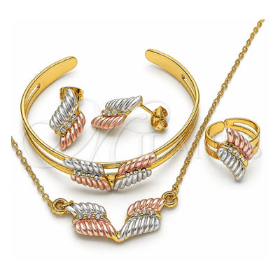 Oro Laminado Earring and Pendant Children Set, Gold Filled Style with White Crystal, Polished, Tricolor, 06.361.0007