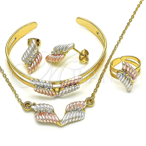 Oro Laminado Earring and Pendant Children Set, Gold Filled Style with White Crystal, Polished, Tricolor, 06.361.0007