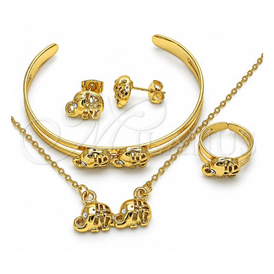 Oro Laminado Earring and Pendant Children Set, Gold Filled Style Elephant Design, with White Crystal, Polished, Golden Finish, 06.361.0008
