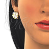 Oro Laminado Earring and Pendant Adult Set, Gold Filled Style Flower Design, with White Crystal, Polished, Tricolor, 10.361.0005