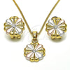 Oro Laminado Earring and Pendant Adult Set, Gold Filled Style Flower Design, with White Crystal, Polished, Tricolor, 10.361.0005