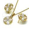 Oro Laminado Earring and Pendant Adult Set, Gold Filled Style Flower Design, with White Crystal, Polished, Tricolor, 10.361.0005