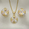 Oro Laminado Earring and Pendant Adult Set, Gold Filled Style Flower Design, with White Crystal, Polished, Tricolor, 10.361.0005