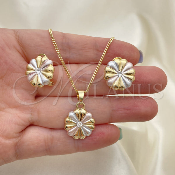 Oro Laminado Earring and Pendant Adult Set, Gold Filled Style Flower Design, with White Crystal, Polished, Tricolor, 10.361.0005