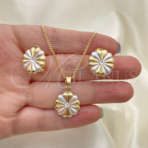 Oro Laminado Earring and Pendant Adult Set, Gold Filled Style Flower Design, with White Crystal, Polished, Tricolor, 10.361.0005