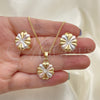 Oro Laminado Earring and Pendant Adult Set, Gold Filled Style Flower Design, with White Crystal, Polished, Tricolor, 10.361.0005