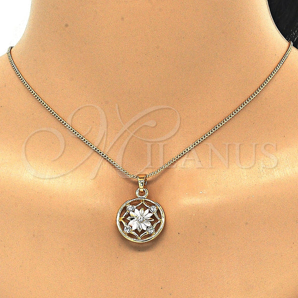 Oro Laminado Earring and Pendant Adult Set, Gold Filled Style Flower Design, with White Crystal, Polished, Tricolor, 10.361.0010